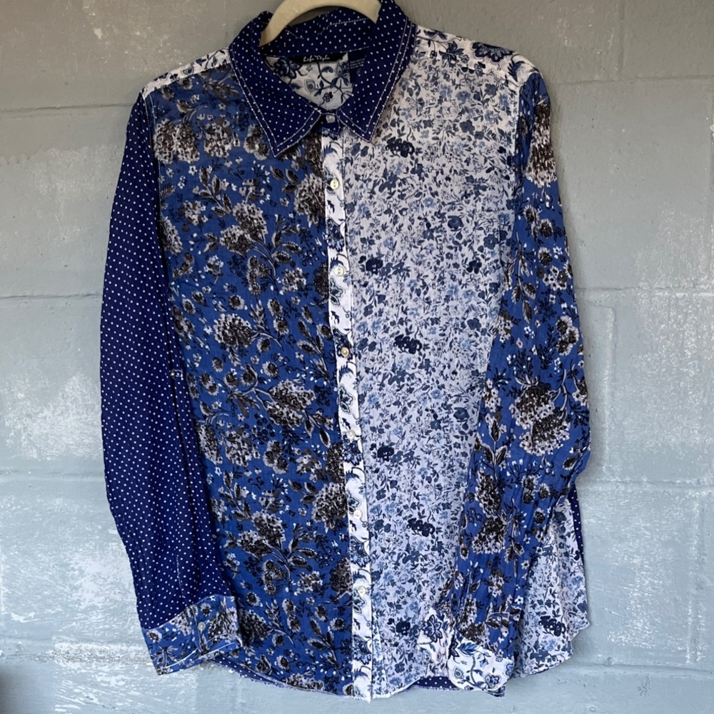 Lifestyle Blue XL Button‑Down Shirt Asymmetrical Mixed Polka‑Dot Floral Cottage